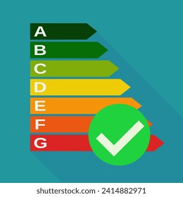 Energy efficiency symbol with a green circle with the check symbol indicating good energy performance (flat design)