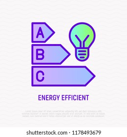 Energy efficiency thin line icon: light bulb and classification of electric consumption. Modern vector illustration.