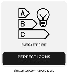 Energy efficiency thin line icon, light bulb and classification of electric consumption. Modern vector illustration.