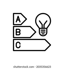 Energy efficiency thin line icon, light bulb and classification of electric consumption. Modern vector illustration.