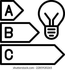 Energy efficiency thin line icon, light bulb and classification of electric consumption. Modern vector illustration.