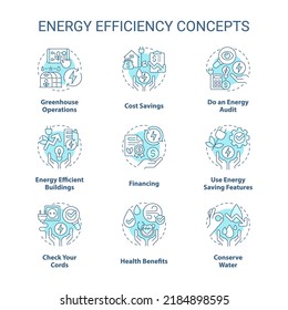 Energy efficiency turquoise concept icons set. Power conservation. Sustainability idea thin line color illustrations. Isolated symbols. Editable stroke. Roboto-Medium, Myriad Pro-Bold fonts used