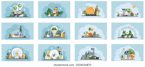 Energy efficiency. Various scenes show sustainable living with energy-efficient homes, renewable energy sources like wind and solar power, recycling practices, and green transportation. Ideal for