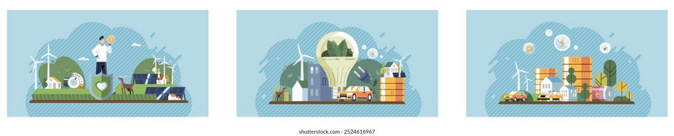 Energieeffizienz. Verschiedene nachhaltige Praktiken wie Sonnenkollektoren, Windturbinen, Menschen, Städte und Gartenpflanzen. Ideal für die Förderung von umweltfreundlichem Leben, erneuerbaren Energien, nachhaltigen städtischen