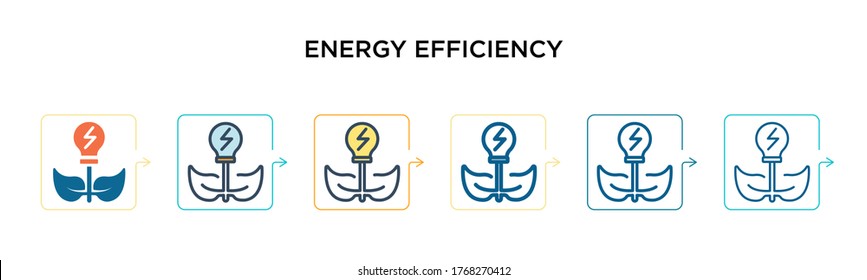 Icono vectorial de eficiencia energética en 6 estilos modernos diferentes. Iconos de eficiencia energética negros, de dos colores, diseñados con un estilo de relleno, contorno, línea y trazo. La ilustración vectorial puede utilizarse para la web, 