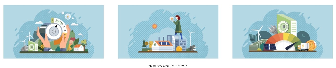 Energy efficiency. Visual shows hands holding energy-efficient light bulb, industrial plant with engineer, and sustainable urban housing. Ideal for illustrating energy conservation, sustainable