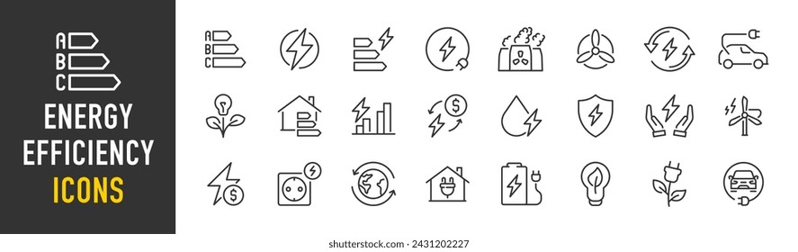 Iconos web de eficiencia energética en estilo de línea. Energía verde, planta de energía, cuidado del planeta, protección, energía solar. Ilustración vectorial.