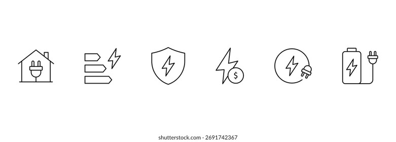 Iconos web de eficiencia energética en estilo de línea. Energía verde, planta de energía, cuidado del planeta, protección, energía solar. Ilustración vectorial. 