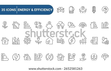 energy efficiency Web Icons Set in Line or outline Style related to energy efficiency. Icons for web and mobile app. Linear icons collection. Editable strokes. Vector illustration.