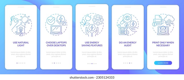 Energy efficiency at work blue gradient onboarding mobile app screen. Walkthrough 5 steps graphic instructions with linear concepts. UI, UX, GUI template. Myriad Pro-Bold, Regular fonts used