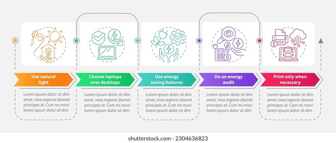 Energy efficiency at work rectangle infographic template. Data visualization with 5 steps. Editable timeline info chart. Workflow layout with line icons. Myriad Pro-Bold, Regular fonts used