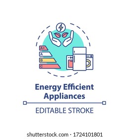Icono de concepto de electrodomésticos con uso eficiente de la energía. Economía de electricidad con casa inteligente. Ilustración de línea delgada de idea de ahorro de recursos. Dibujo de color RGB con contorno aislado por vectores. Trazo editable