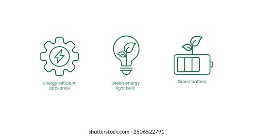 Energieeffizientes Gerät, grüne Energielampe, grüne Batterievektorsymbole