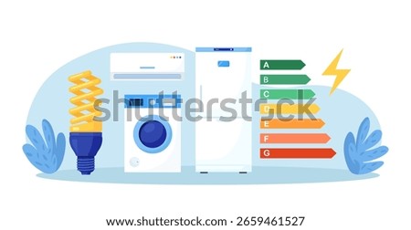 Energy efficient appliances to save electricity consumption. Save energy,  power with effective household electrical machines. Green environment. Home energy efficiency rating chart. Smart eco house 