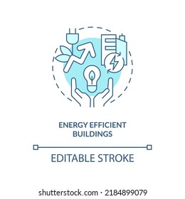 Energy Efficient Buildings Turquoise Concept Icon. Energy Efficiency Abstract Idea Thin Line Illustration. Isolated Outline Drawing. Editable Stroke. Arial, Myriad Pro-Bold Fonts Used