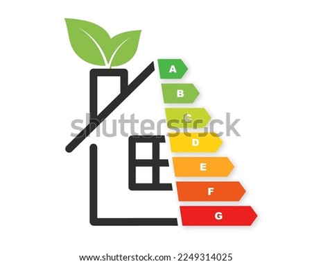 Energy efficient home with efficiency certificate rating. Smart eco house performance design template. Vector illustration.