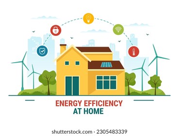 Eficiencia energética en el hogar Ilustración del sistema de tecnología Smart House con control centralizado en plantillas de dibujo a mano de dibujos planos