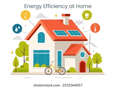 Ilustração de Vetor Eficiente no Consumo de Energia do Sistema de Tecnologia Smart House com Controle Centralizado em um Plano de Fundo de Cartoon de Estilo Plano