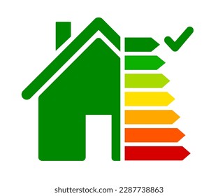 Energy efficient house concept with classification graph sign, home energy efficiency rating isolated, smart eco house certification system, good ecological and bio energetic rating – for stock