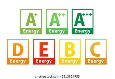 Energy efficient house concept with classification graph sign. Certificate of energy efficiency. Energy consumption estimation graph. Energy Efficiency rating. Vector illustration