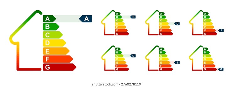 Energy efficient house concept with multicolor classification graph sign, home energy consumption efficiency rating, smart eco friendly house certification system, ecological and energetic rating