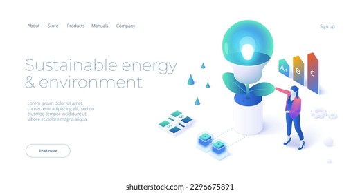 Energy efficient house or home concept in isometric vector illustration. Green economy and renewable or sustainable power for clean earth environment. Web banner layout template