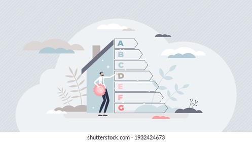 Energy efficient house with resources consumption classification tiny person concept. Home environmental rating diagram as green and ecological heating or electricity performance vector illustration.