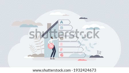 Energy efficient house with resources consumption classification tiny person concept. Home environmental rating diagram as green and ecological heating or electricity performance vector illustration.