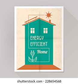 Energy efficient house and solar panels poster vintage style.