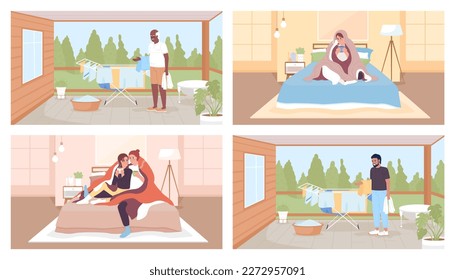 Energy efficient household chores and warming up flat color vector illustration pack. Hero images. Fully editable 2D simple cartoon characters collection with interior, backyard on background