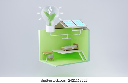 energy efficient isometric eco house cross section and room interiors iwith icons, people and furnishings