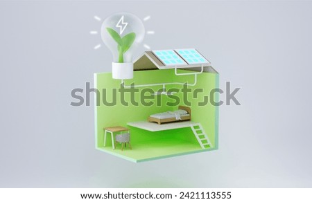 energy efficient isometric eco house cross section and room interiors iwith icons, people and furnishings