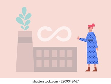 Energy efficient manufacturing concept. Character with Eco-Friendly factory. Vector illustration in a flat style