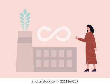 Energy efficient manufacturing concept. Character with Eco-Friendly factory. Vector illustration in a flat style