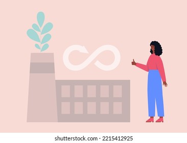 Energy efficient manufacturing concept. Character with Eco-Friendly factory. Vector illustration in a flat style