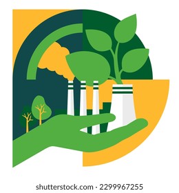 Energy efficient manufacturing concept - Eco-Friendly industrial plant in Hand. Isolated vector illustration