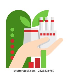 Energy efficient manufacturing concept - Eco-Friendly industrial factory in Hand. Isolated vector emblem, flat colors