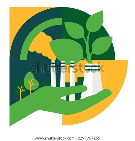 Energy efficient manufacturing concept - Eco-Friendly industrial plant in Hand. Isolated vector illustration