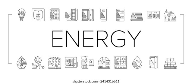 energy efficient technology green icons set vector. environment home, ecology power, house electric, future innovation, eco economy energy efficient technology green black line illustrations