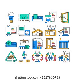 energy efficient technology home icons set vector. house building, technology efficient green power, solar electricity, eco environment energy efficient technology home color Contour Illustrations