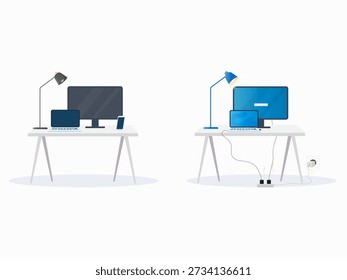 Energy efficient workspace versus energy waste desk with devices on standby