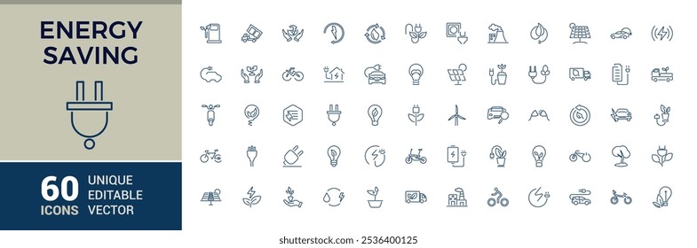 Energy Efficiently thin line icon set. Contains related to battery, technology, solar, light bulb, efficiency, electricity management and more. Editable icons pack. Vector outline icons Collection.