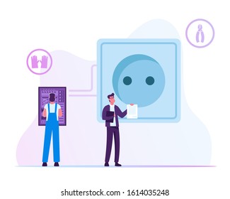 Energy and Electrical Safety Concept. Foreman Electrician Wearing Robe and Protective Gloves Examine Working Draft or Measures Voltage at Dashboard near Wall Socket. Cartoon Flat Vector Illustration