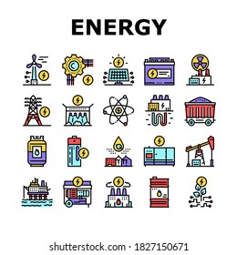 Energy Electricity And Fuel Power Icons Set Vector. Electric Solar Panel And Battery, Turbine And Dam, Energy Plant And Coal, Petrol And Gas Concept Linear Pictograms. Color Contour Illustrations