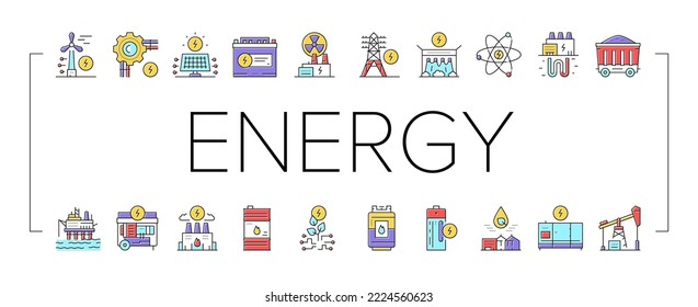 Energy Electricity And Fuel Power Icons Set Vector. Electric Solar Panel And Battery, Turbine And Dam, Energy Plant And Coal, Petrol And Gas Concept Linear Pictograms. Color Contour Illustrations