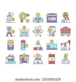 Energy Electricity And Fuel Power Icons Set Vector. Electric Solar Panel And Battery, Turbine And Dam, Energy Plant And Coal, Petrol And Gas Concept Linear Pictograms. Color Contour Illustrations