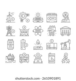 Energy Electricity And Fuel Power Icons Set Vector. Electric Solar Panel And Battery, Turbine And Dam, Energy Plant And Coal, Petrol And Gas Black Contour Illustrations