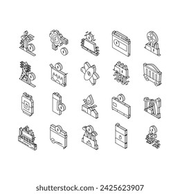 Energy Electricity And Fuel Power isometric icons set. Electric Solar Panel And Battery, Turbine And Dam, Energy Plant And Coal, Petrol And Gas Concept Linear Pictograms. Color Contour .
