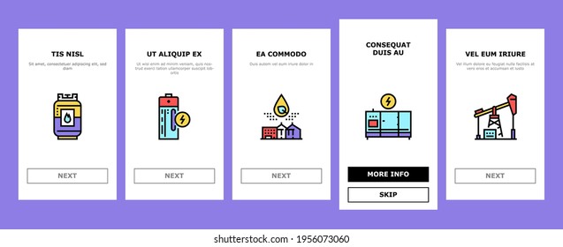 Energy Electricity And Fuel Power Onboarding Mobile App Page Screen Vector. Electric Solar Panel And Battery, Turbine And Dam, Energy Plant And Coal, Petrol And Gas Illustrations