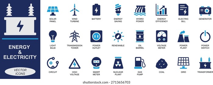 Energy and electricity icon set. Featuring battery, solar, wind, plug, power, circuit, and voltage tools. Ideal for UI, apps, infographics, web, and green tech designs.